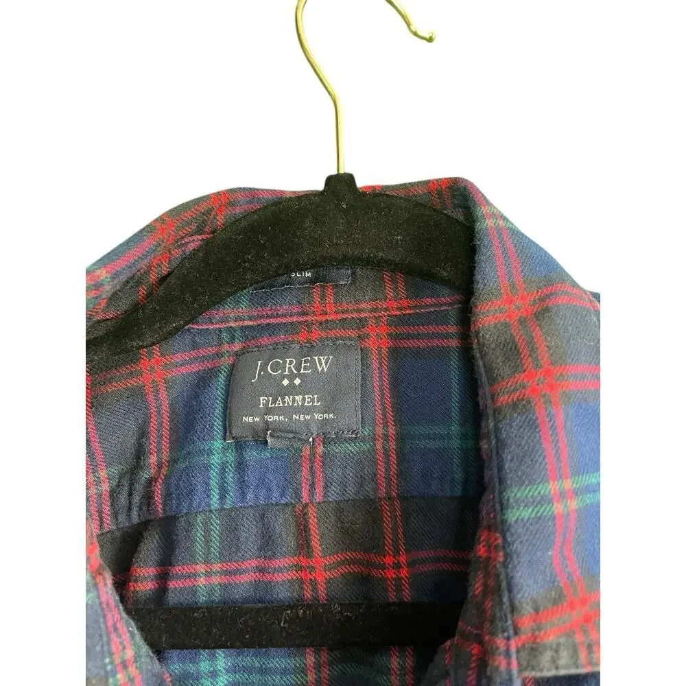 J Crew Flannel Shirt Slim Pockets Cotton Plaid Blue Green Red L Grunge Unisex